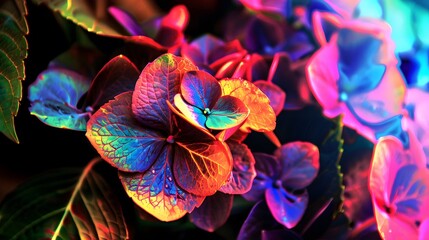 Vibrant Neon Colored Hydrangea Flowers Close-up for Abstract Nature Backgrounds