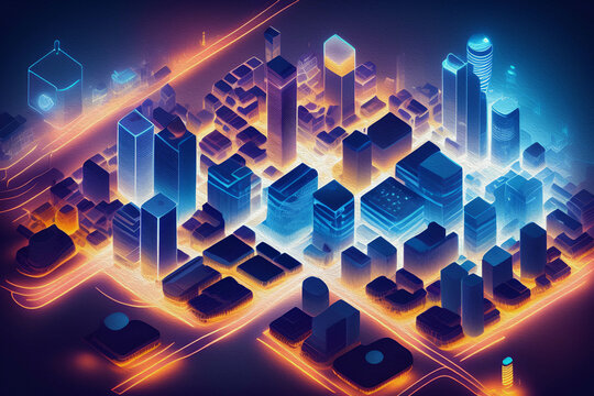 Smart city at night, Oil Painting
