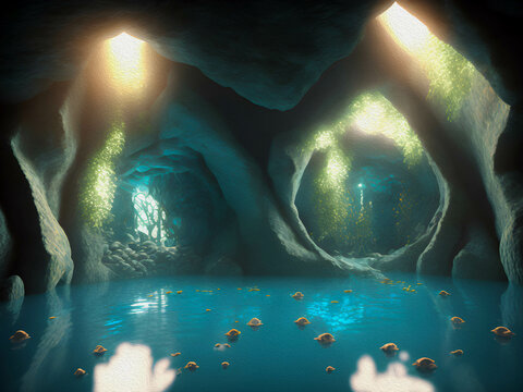 Underground cave with light beings, Oil Painting