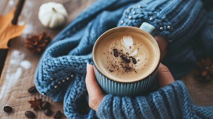 Cozy Autumn Vibes with Knitted Sweater and Spiced Latte in Hand