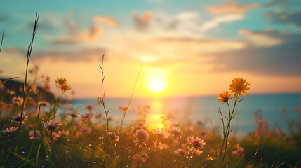Golden Hour Serenity with Wildflowers and Seaside Sunset