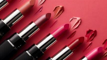 Obraz premium Variety of Lipstick Shades with Swatches on Red Background
