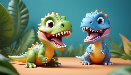 3d render of cute dinosaurs in green tropical jungle background. Generative AI