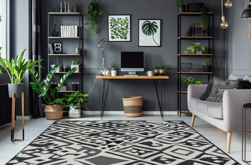 Black and white geometric rug on the floor of a modern home office with gray walls, industrial style furniture, bookshelves and plants in concrete pots