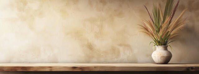 Boho beige copy space background. Monochrome minimalist empty table with vase. Wall scene mockup product for showcase, Promotion background.