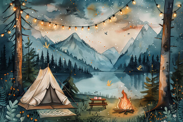campsite with tent, string lights and fire with lake and mountains in background at dust, watercolor painting 