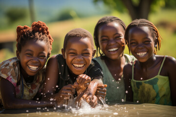 Joyful african children playing with water - obrazy, fototapety, plakaty