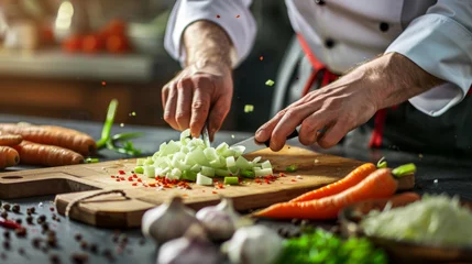 Fotobehang A chef dices vegetables on a wooden chopping board with ingredients scattered around. © MP Studio