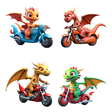 3d rendered illustration of Dragon cartoon character set with red motorbikes. Generative AI