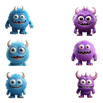3D rendering of a purple monster set with horns isolated on white background. Generative AI