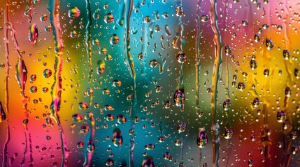 Abstract art of raindrops on a window.  Creative beauty in nature, with colors abound.  Screen saver and background wonder through simplistic and delicate magnificence. - obrazy, fototapety, plakaty