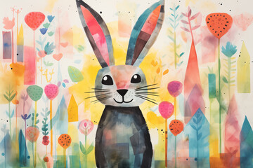 Obraz premium Easter creative retro, contemporary abstract collage style of colorful, vivid eggs, rabbit and spring elements and traditional symbols background.