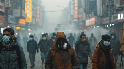 A man wearing a gas mask walks down a street with other people wearing masks