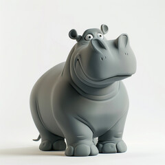 cute 3D clay Hippopotamus in a minimal style, standing solo on a bright white backdrop, shadow-free for a pristine image