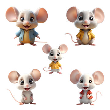 Cute cartoon mouse set isolated on white background. 3d rendering. Generative AI
