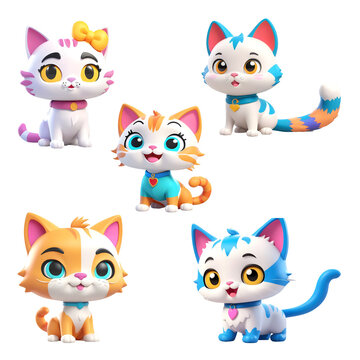 Cute cat set isolated on a white background. 3d rendering. Generative AI