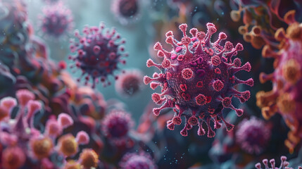 Fototapeta premium Virology Vision: Microscopic 3D Viruses Texture in Science Panoram, generated by IA
