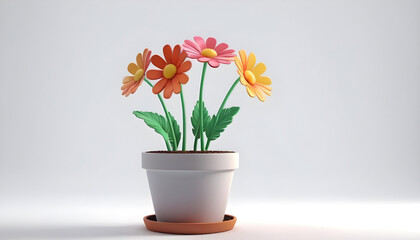 Flowers in pot on white background, 3d render illustration. Generative AI