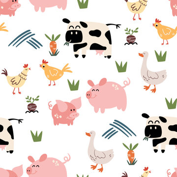 Farm animals seamless pattern. Cute cow, funny pig, chicken and rooster, goose background. Kid print with rural landscape. Vector hand draw texture