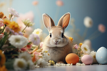 Easter eggs, flowers and bunny on pastel background