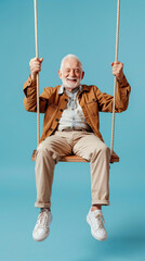 Cheerful senior man sitting on wooden swings and looking at the camera on pastel blue background