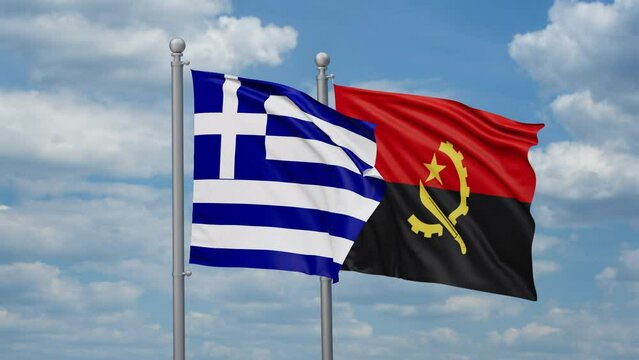Greece and Angola two flags waving together, looped video