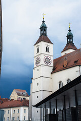 Storm clouds over the historic center of Regensburg, Germany