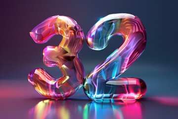 Colorful number thirty two. Holographic gradient. Symbol 32. Invitation for a thirty second birthday party or business anniversary. Neon light and colors. Iridescent color. - obrazy, fototapety, plakaty
