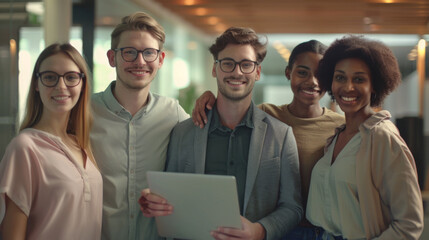 Fototapeta premium A group of smiling professionals is standing together in an office environment.