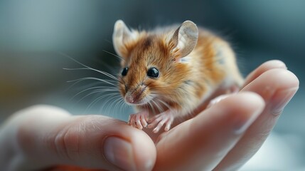 A lab technician holds a little test mouse carefully in his palm. Generative Ai