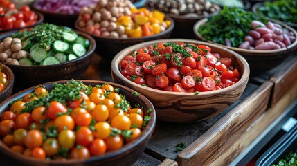 top view fresh and healthy superfoods ingredients, tasty beautiful food preparation scene, salad bar, tomato, berries, cucumber, radish, onion,  Generative Ai