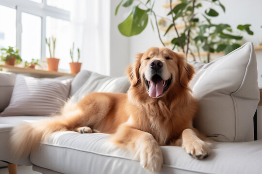 Happy golden retriever dog is lying on a cozy sofa in a modern living room