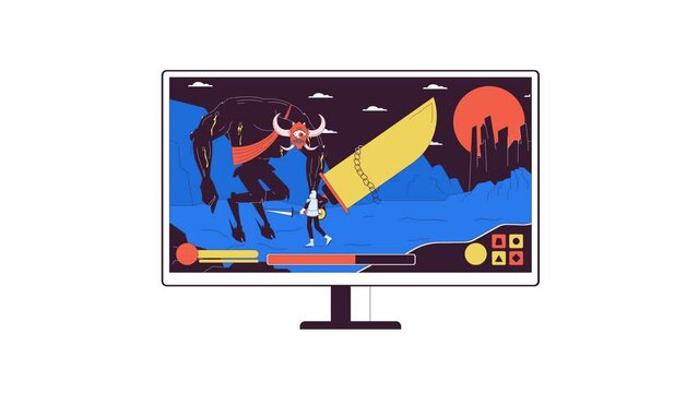 Computer monitor with rpg battle line 2D object animation. Spectacular boss fighting in videogame flat color cartoon 4K video, alpha channel. Gaming pc display animated item on white background
