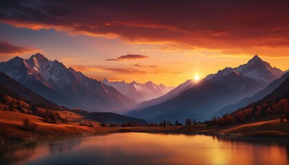 Fototapeta na wymiar Majestic Fiery Sunset Over The Mountains Vibrant Upscaled 2