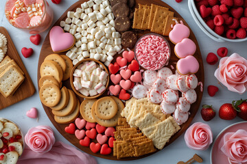 A set of desserts of cookies, marmalade, strawberries, raspberries, chocolate on wooden stands on a white marble table. Top view. - obrazy, fototapety, plakaty