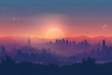 City Skyline at Sunset with Stars and Mountains in Style