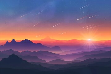 Sunrise Mountains Silhouette with Shooting Stars - Art