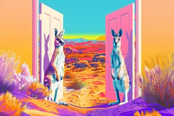 Kangaroos at Doors Overlooking Distinct Desert Landscapes in Surreal Digital Art - obrazy, fototapety, plakaty