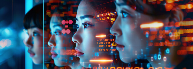 A panoramic image of a woman's profile progressing across three panels overlaid with glowing digital numbers.Generative Al