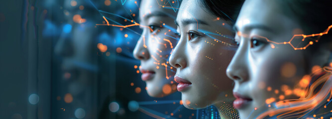 Panoramic stock image of a woman with her profile multiplied and interlaced with neural network patterns. Generative Al