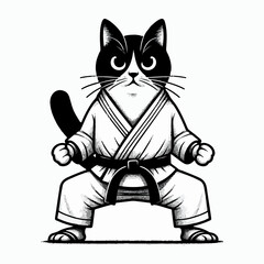 black and white logo for karate sport club, illustration of the cat in kimono training martial arts