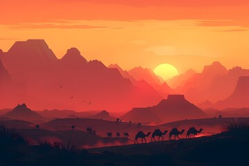 Desert Landscape at Sunset with Camels: A Art of a Peaceful Journey through Arid Scenery