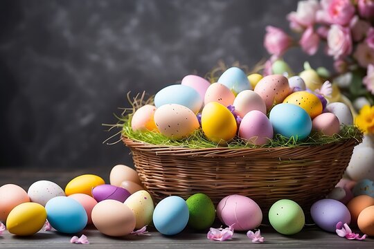 Colorful Easter eggs in basket with spring flowers 
