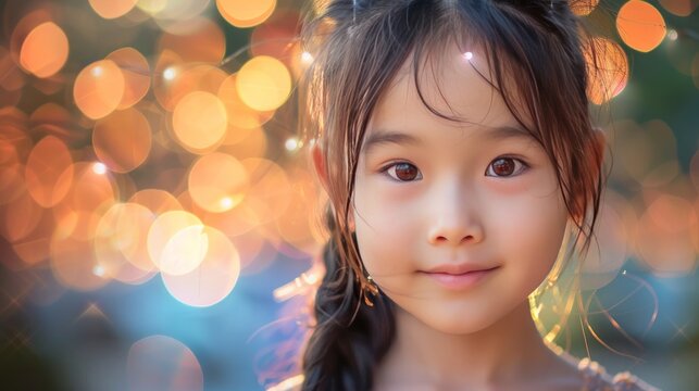 Portrait of asian little cute girl with the light of the bokeh on background