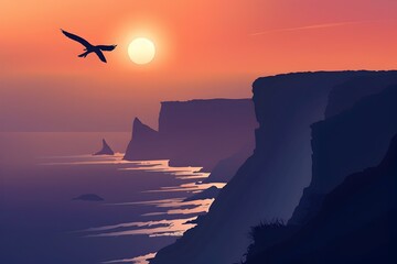 Soaring Freedom: A Bird in Flight over Abelle Point Cliffs at Sunset in a High Contrast Pastel Digital - obrazy, fototapety, plakaty
