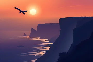 Rolgordijnen Soaring Freedom: A Bird in Flight over Abelle Point Cliffs at Sunset in a High Contrast Pastel Digital © milkyway