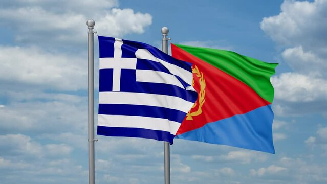 Eritrea and Greece two flags waving together, looped video, two country cooperation concept