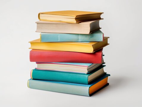 A neat stack of hardcover books on a white background symbolizing education and knowledge.