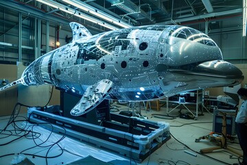Giant Silver Orca-Shaped Spaceship Undergoes Construction in High-Tech Laboratory - obrazy, fototapety, plakaty