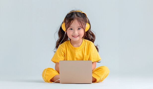 Asian School Kid Girl With Laptop And Headphones Studying Sitting On Grey Background In Studio. Distance Learning Concept